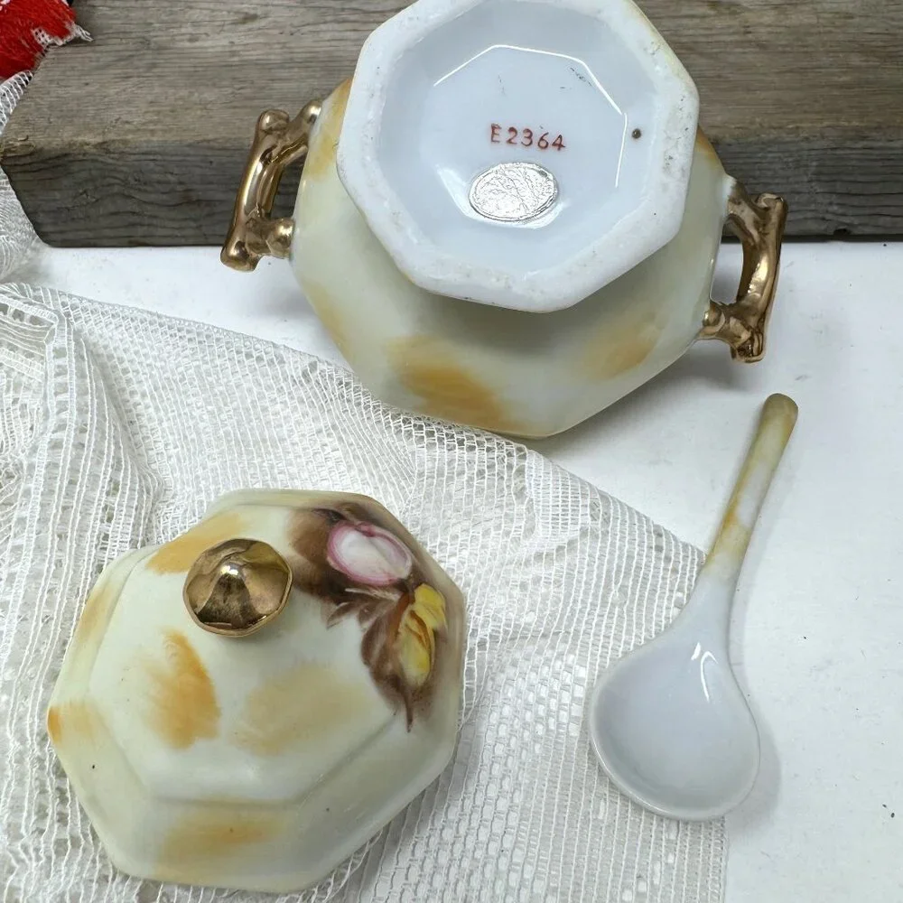 Vintage Enesco Sugar Condiment Bowl w/ Lid Spoon Fruit Gold Trim #E2364
